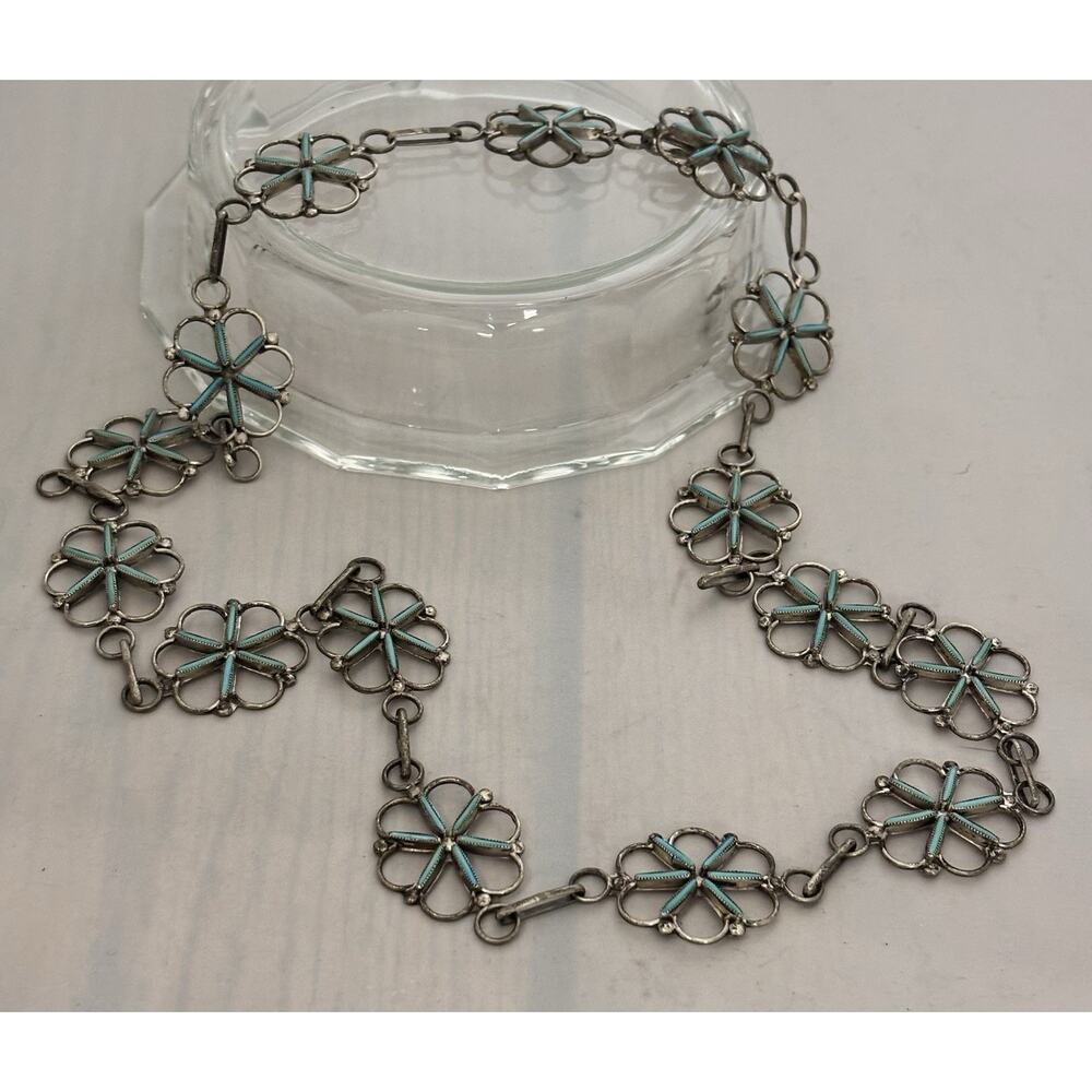 Vintage Zuni Sterling NeedlePoint Turquoise Concho BELT/NECKLACE 66g Signed EYV